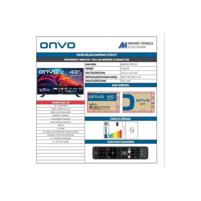 43OV6000F Full HD 43 109 Ekran Uydu Alıcılı Android Smart LED TV