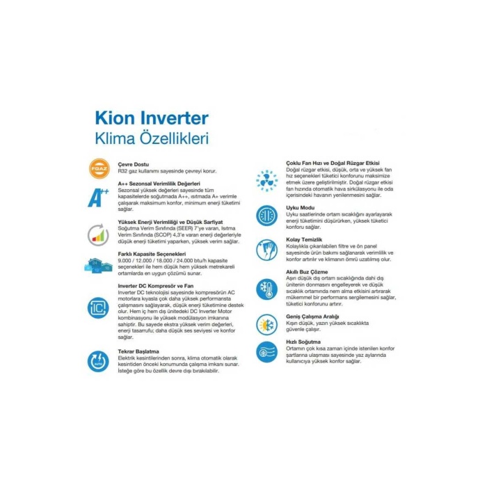 (MONTAJ DAHİL) Kion R32 12.000 Btu A Inverter Klima