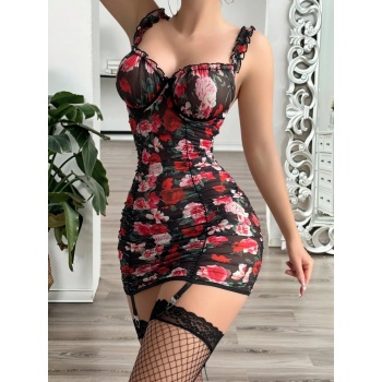 Kırmızı Çiçek Aksesuarlı Romantik Kadın Gecelik( ÇORAPLAR DAHİL DEĞİLDİR )