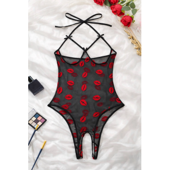 Öpücük Desenli Transparan Siyah Fantazi İç Giyim TM1385