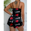 Aşk Temalı Kalp Desenli Siyah Saten Şortlu Gecelik Takım