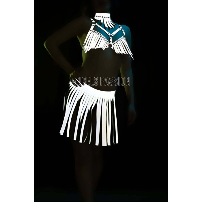 Karanlıkta Parlayan Püsküllü Etekli Seksi Harness Takım - APFT482