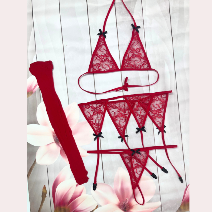 Bacio Fantezi Kırmızı Dantelli Fiyonklu Jartiyer Takım BC8526