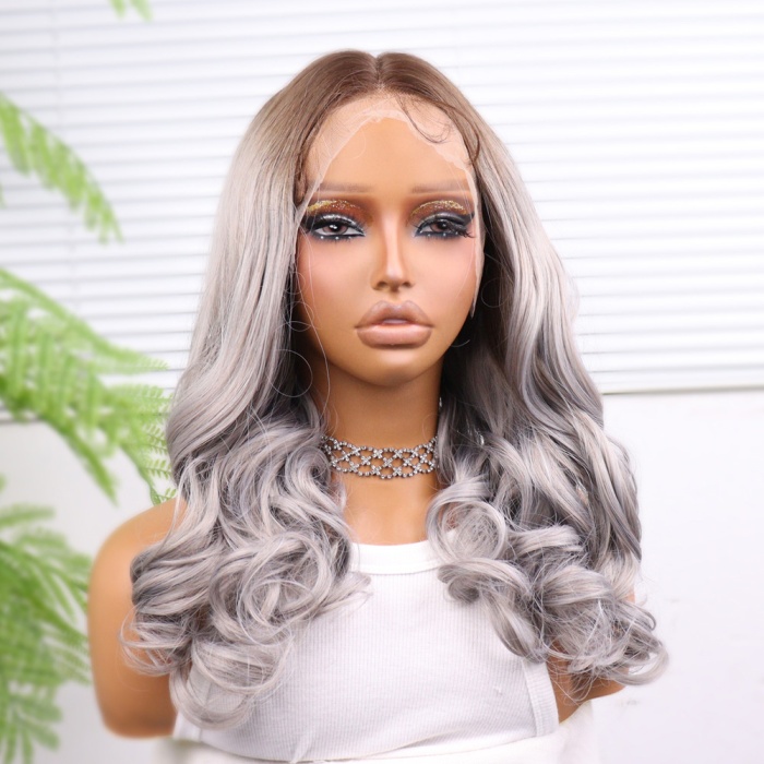 Açık Kumral Gri Ombreli Bebek Saçlı Geniş Dalgalı Fiber Sentetik Tül Peruk