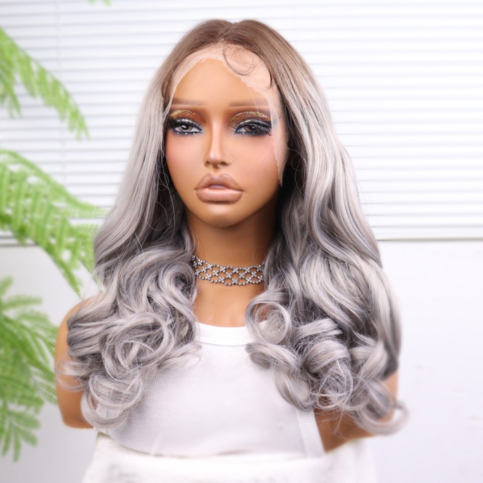 Açık Kumral Gri Ombreli Bebek Saçlı Geniş Dalgalı Fiber Sentetik Tül Peruk