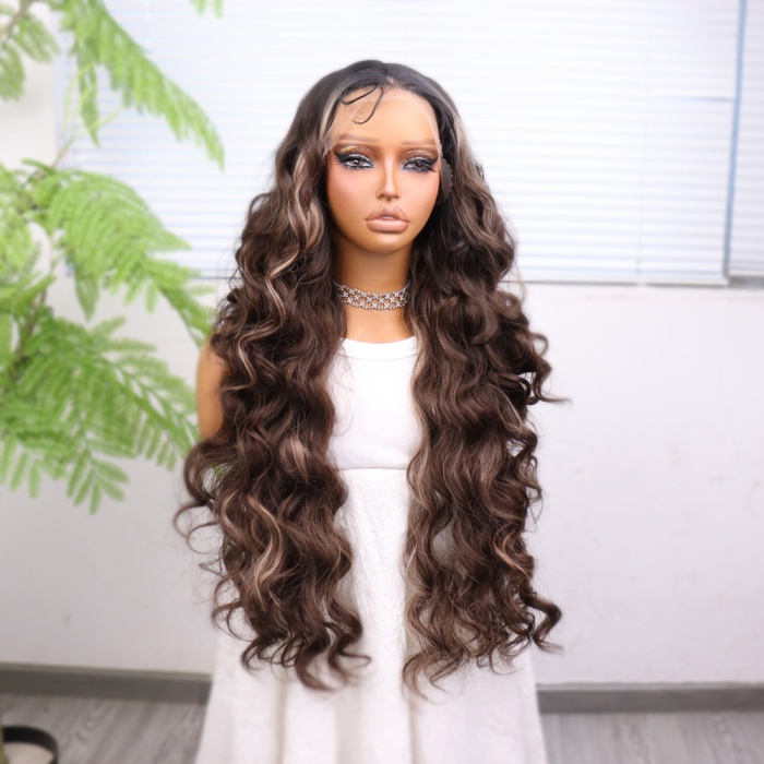 Koyu Kestane Açık Kumral Ombreli Balköpüğü Işıltılı Fiber Sentetik Tül Peruk