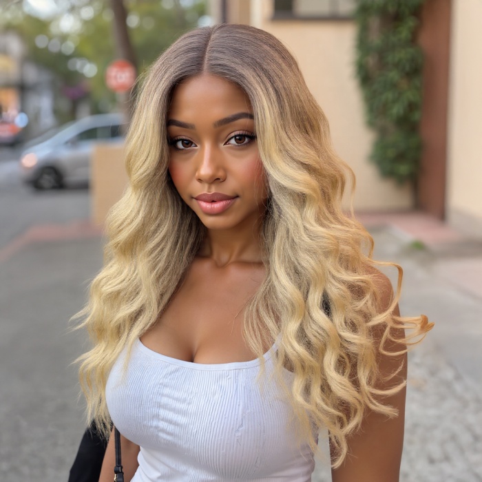 Kumral Dore Sarı Ombre ve Balköpüğü Röfleli Tül Peruk