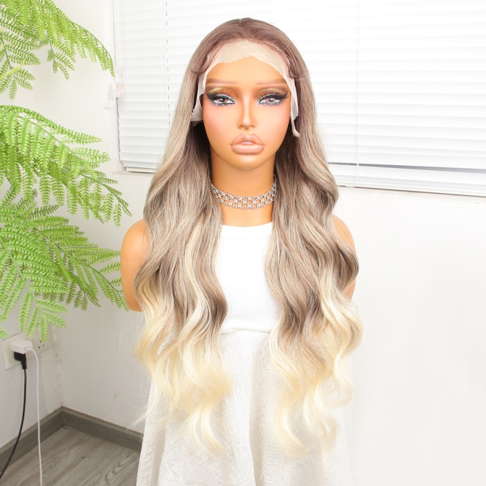 Kumral Platin Ombre  ve Röfleli Fiber Sentetik Geniş Dalgalı Tül Peruk