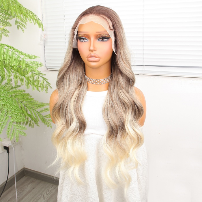 Kumral Platin Ombre  ve Röfleli Fiber Sentetik Geniş Dalgalı Tül Peruk