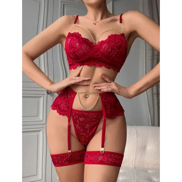 Bordo ,  Gold Zincirli Jartiyer Takımı