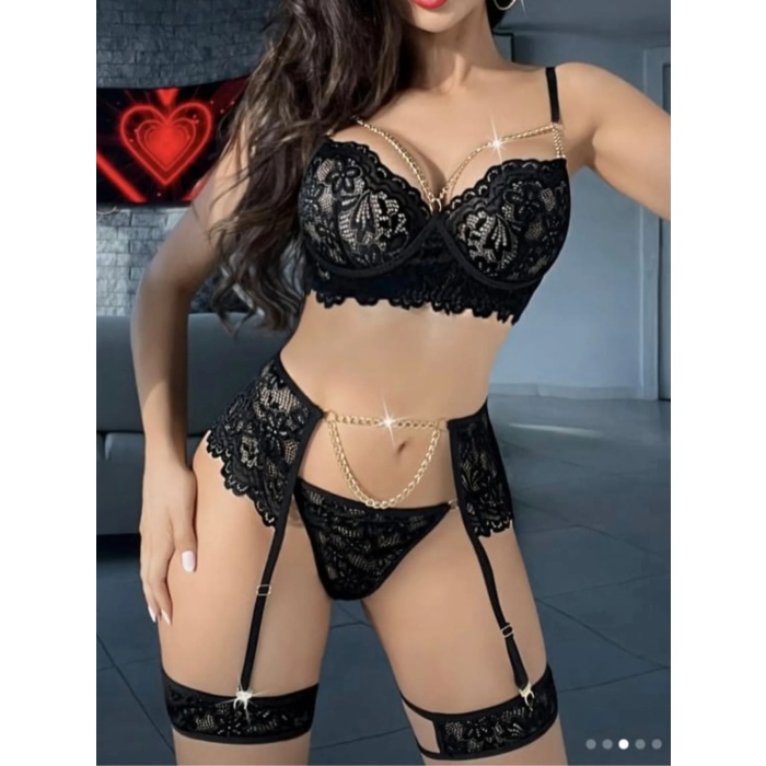 Kadın Seksi Siyah Jartiyer – Dantel ve Zincir Detaylı Sütyen Külot Takımı