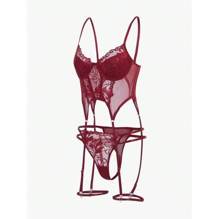 Bordo Babydoll İç Giyim Seti Bustiyer  ,Külot , Bacak Bantları