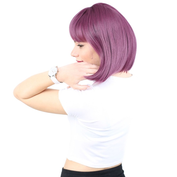 Küt Kahküllü Fiber Sentetik Peruk - Patlıcan Moru