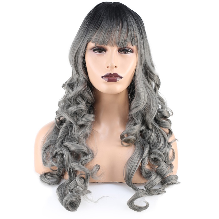 Dalgalı Perçemli Uzun Fiber Sentetik Peruk - Siyah / Gri Ombreli