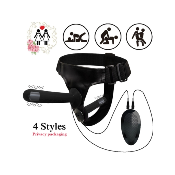 Censan Siyah Double Dong Titreşimli Belden Bağlamalı Çift Taraflı Bisex Dildo Vibratör