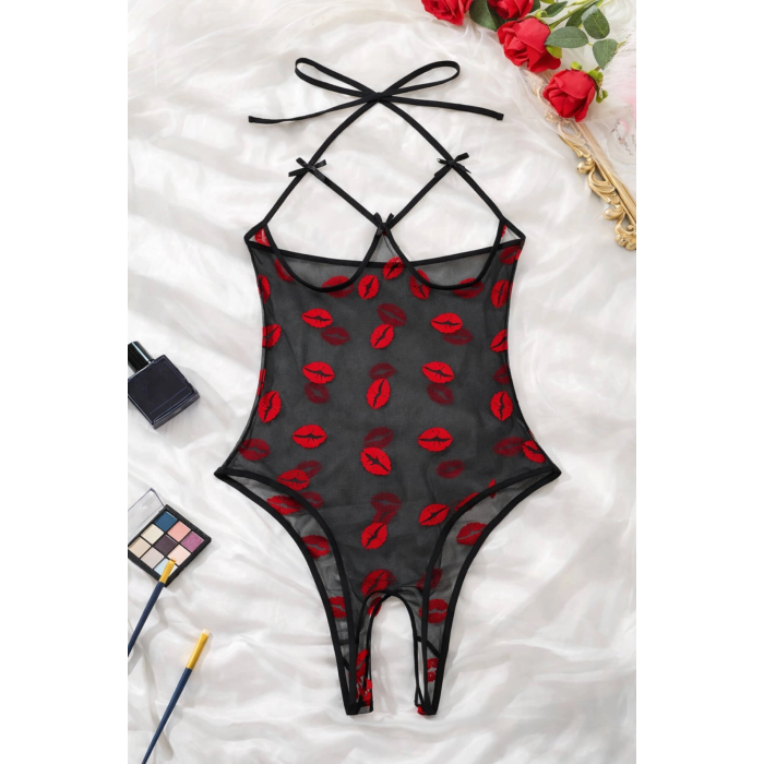 Öpücük Desenli Transparan Siyah Fantazi İç Giyim TM1385