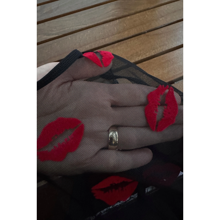 Öpücük Desenli Transparan Siyah Fantazi İç Giyim TM1385