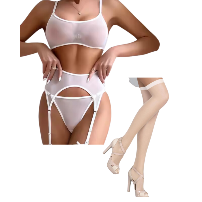 Fantezi Beyaz Transparan Tül Jartiyer Takımı BC3262