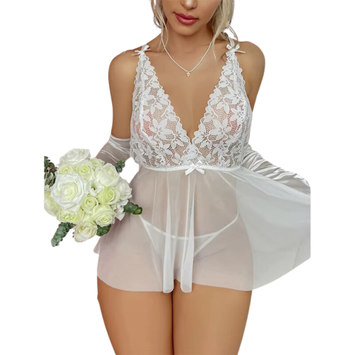 Fantezi Beyaz Dantelli Transparan Tül Etekli Seksi Elbise Gecelik BC3266