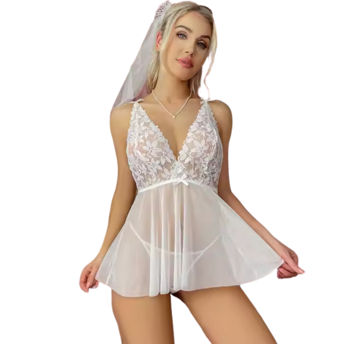 Fantezi Beyaz Dantelli Transparan Tül Etekli Seksi Elbise Gecelik BC3266