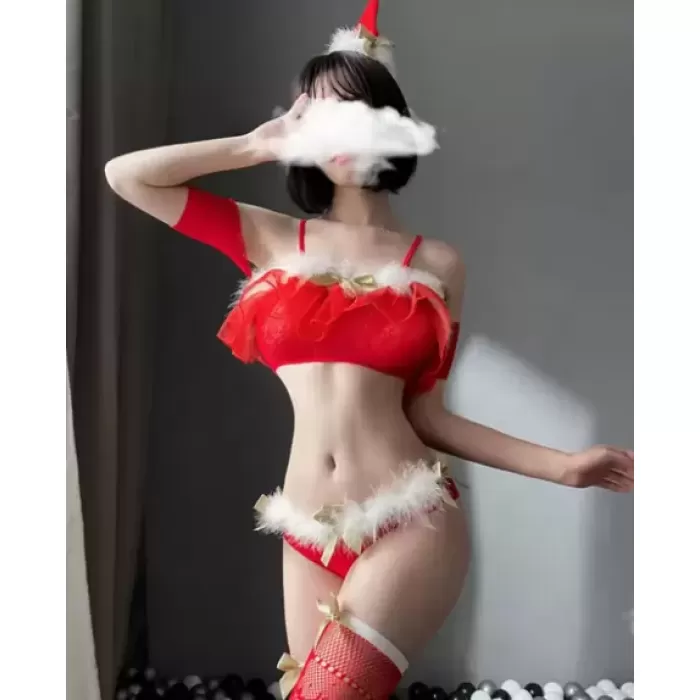 Özel Tasarım Transparan Büstiyer Kostüm Seti FiYONKLU Peluş Detaylı File Çoraplı