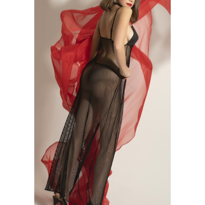 Transparan Fileli Uzun Babydoll Takım,Dantel Detaylı Gecelik,Tanga,Boyunluk 3lü Set