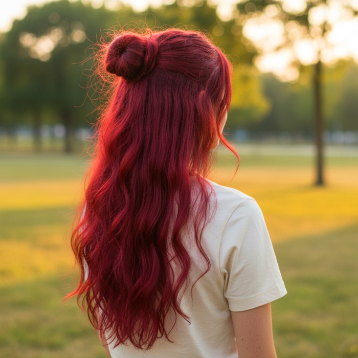 Fiber Sentetik Kabarık Dalgalı Yarım Ay + 2 Yan Çıt Çıt - Kızıl