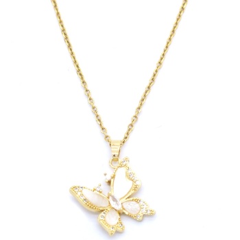 Altın Kaplama Zirkon ve Sedef  Taşlı Kelebek Kolye 45 cm KLY-430