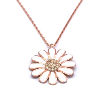 Zirkon Taşlı Beyaz Çiçek Rose Gümüş Kolye GK-216