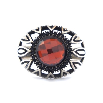 Kırmızı Taşlı 925 Ayar 8 gr Erkek Gümüş Yüzük GEY-128