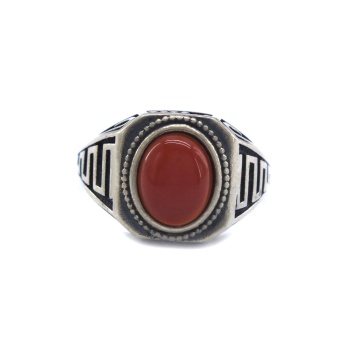 Bordo Taşlı 925 Ayar Kalem İşlemeli Erkek Gümüş Yüzük GEY-115