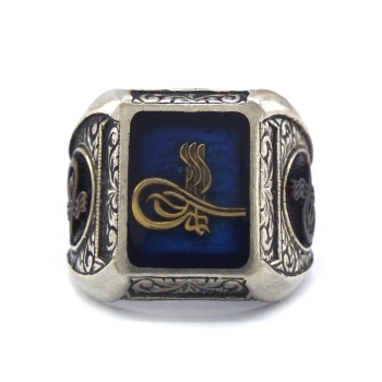 Tuğralı Mavi Taşlı Kalemli 925 Ayar Erkek Gümüş Yüzük GEY-126