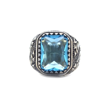 Mavi Taşlı Kalemli El İşçiliği 925 Ayar Erkek Gümüş Yüzük GEY-178