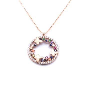 Renkli Zirkon Taşlı Yuvarlak Kelebek Motifli Gümüş Kolye GK-281