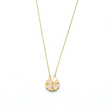 Altın Kaplama Zirkon Taşlı Pembe Açılabilir Yonca Kolye KLY-571