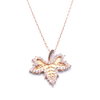 Zirkon Taşlı Rose Yaprak Şekilli Gümüş Kolye GK-304