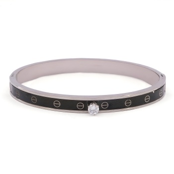 Çelik Kelepçe Bileklik Tek Taşlı Siyah Şerit BLZ-480