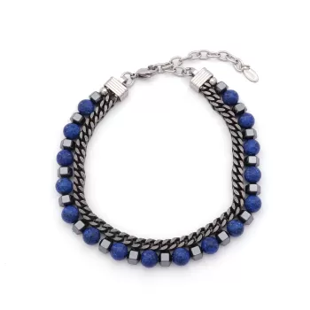 316L Erkek Çelik Bileklik Lacivert Hematit Taşlı Spor Zincir Bileklik EBLK-458