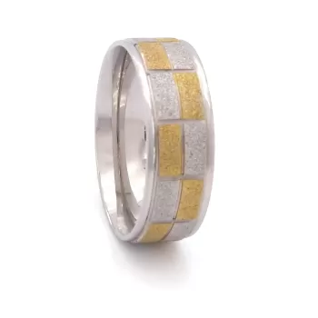 Çelik Alyans Yüzük Altın Kaplama Simli Damalı Model YZK-375