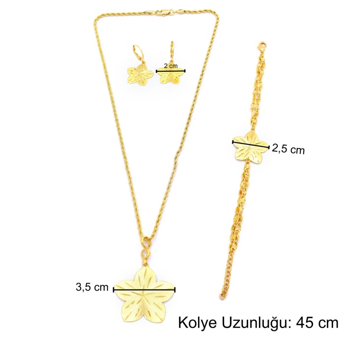 Altın Kaplama Çiçek Şekilli Kolye Küpe Bileklik Set SET-111