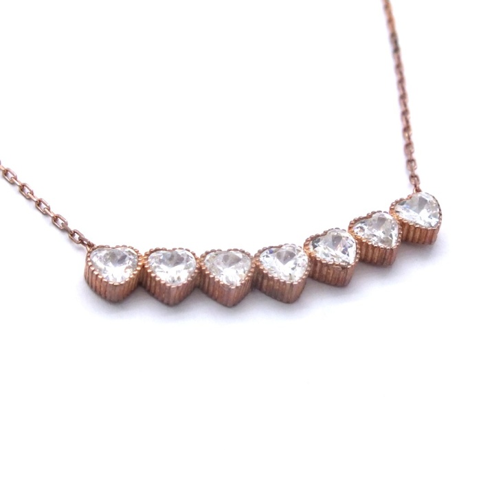 Zirkon Taşlı Sıralı Kalp Rose Gümüş Kolye GK-237