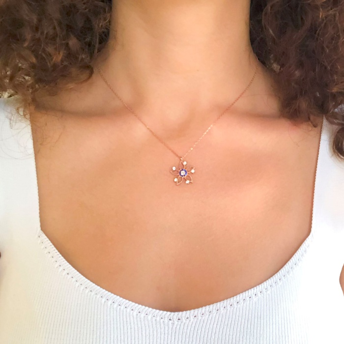 Zirkon Taşlı Çiçek Rose Gümüş Kolye GK-246