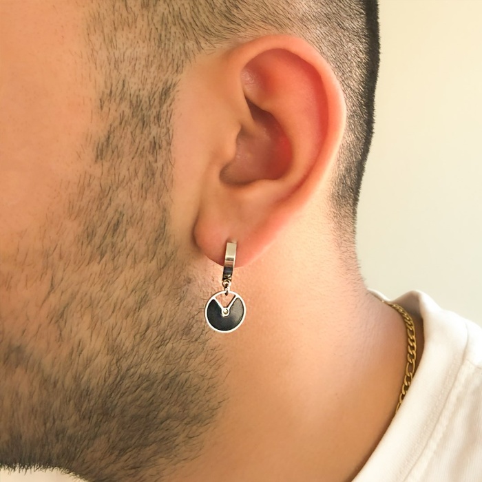 Çelik Sallantılı Küpe Siyah Taşlı Halka Küpe UNK-585
