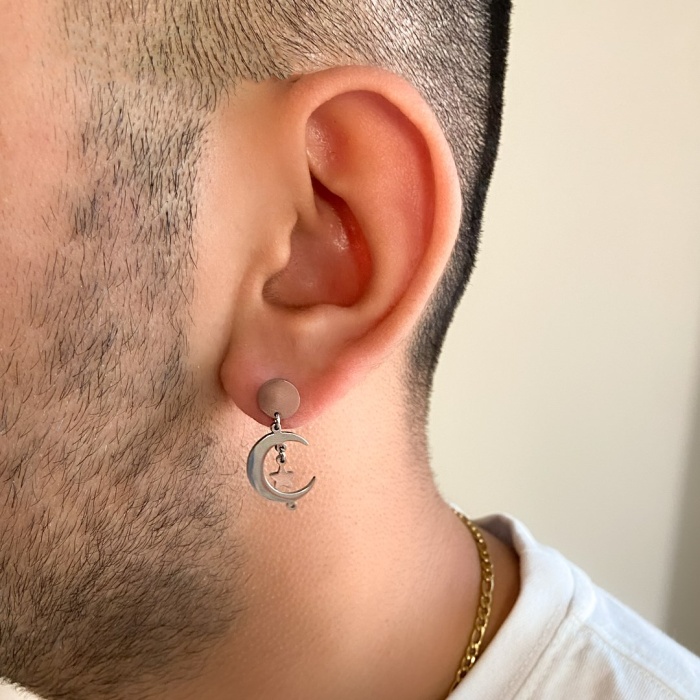 Çelik Sallantılı Küpe Ay Yıldız Detaylı Küpe UNK-661