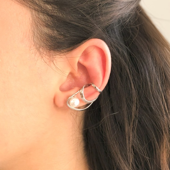 Paslanamaz Çelik Küpe İnci Taşlı Çelik Ear Cuff UNK-682