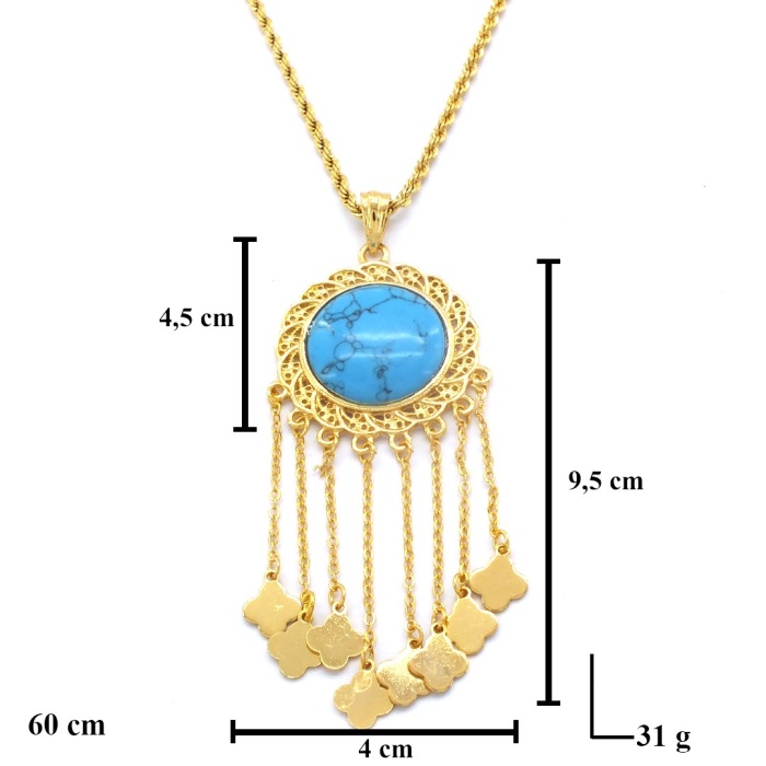 Altın Kaplama Yuvarlak Firuze Taşlı Akıtma 60 CM Kolye KLY-494