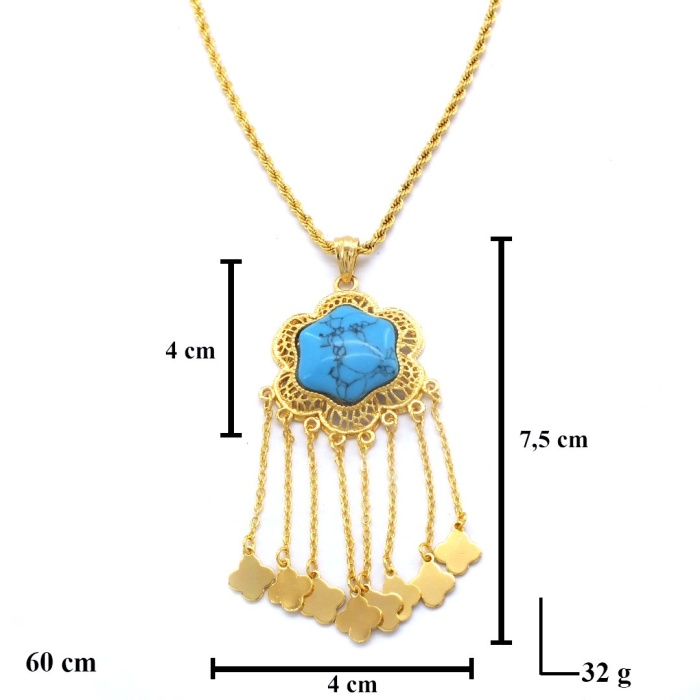 Altın Kaplama Firuze Taşlı Yonca Desen Akıtma 60 CM Kolye KLY-495