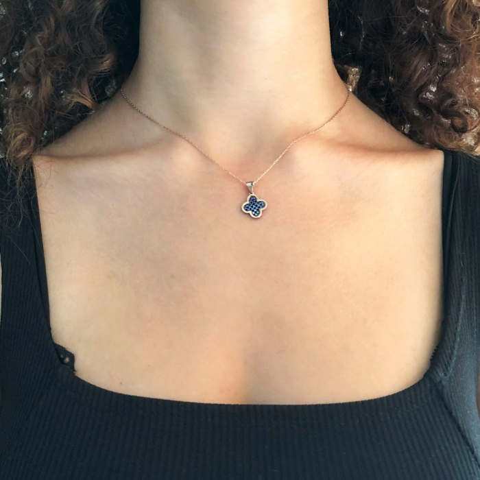 Mavi Taşlı Çiçek Model Gümüş Kolye GK-300