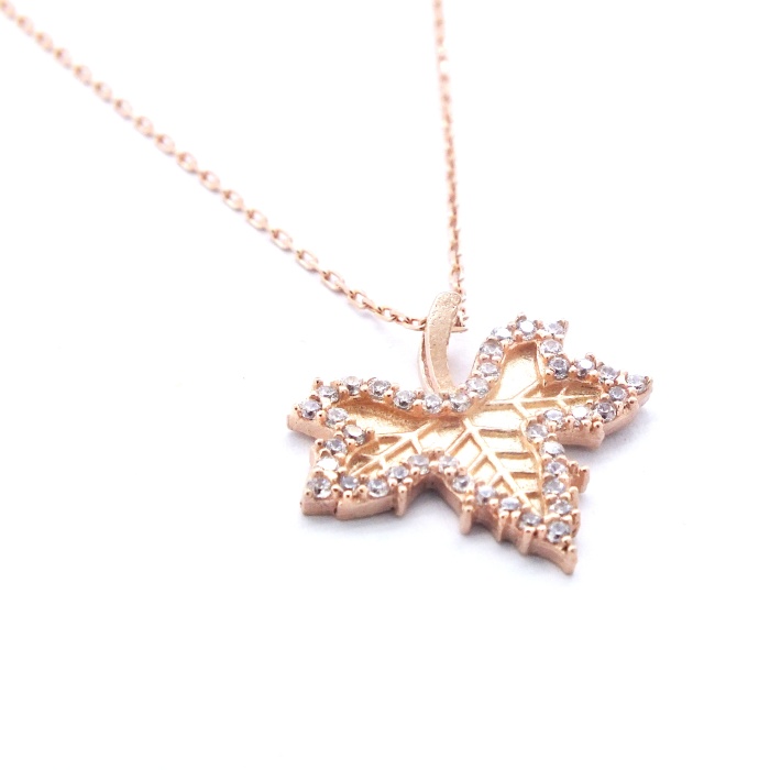 Zirkon Taşlı Rose Yaprak Şekilli Gümüş Kolye GK-304
