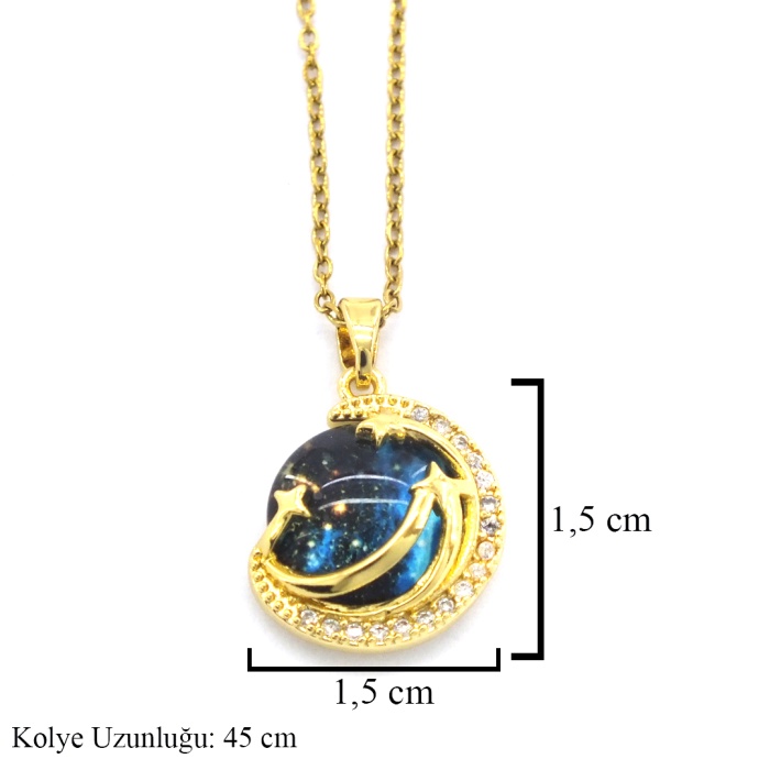 FerizZ Altın Kaplam Mavi Sedef Taşlı Ay Kadın Kolye KLY-583